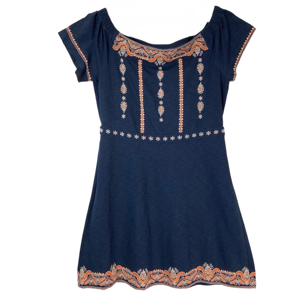 Tory Burch Navy Blue Embroidered Cotton Short Sleeve A-Line Mini Dress L